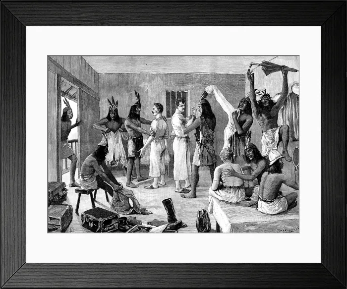 Framed Print : Sketches in Formosa: the savages feel our muscle, 1890. Creator: P Naumann Framed Print : Sketches in Formosa: the savages feel our muscle, 1890. Creator: P Naumann