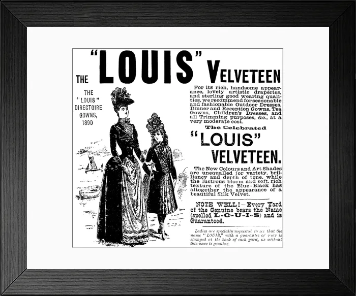 Framed Print : Advertisement for the Celebrated 'Louis' Velveteen, 1890. Creator: Unknown Framed Print : Advertisement for the Celebrated 'Louis' Velveteen, 1890. Creator: Unknown