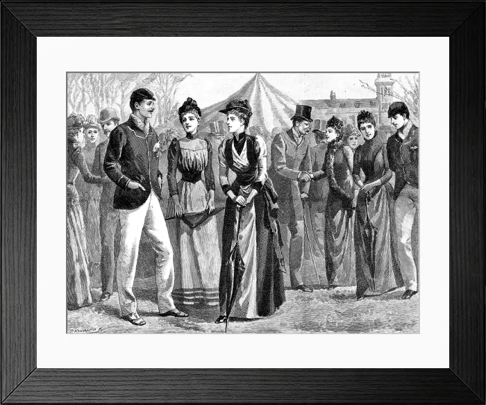 Framed Print : The Universities Boat-Race: on the lawn of the Lyric Club, Barnes, 1890. Creator: P Naumann Framed Print : The Universities Boat-Race: on the lawn of the Lyric Club, Barnes, 1890. Creator: P Naumann