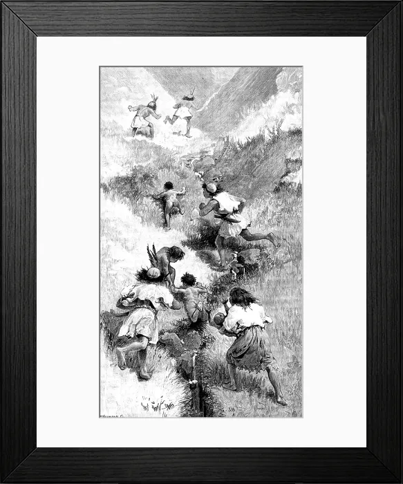 Framed Print : Sketches in Formosa: flight of savage chief and his tribe, 1890. Creator: P Naumann Framed Print : Sketches in Formosa: flight of savage chief and his tribe, 1890. Creator: P Naumann