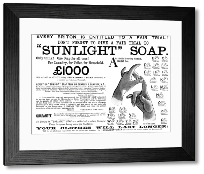 Framed Print : Advertisement for 'Sunlight' Soap, 1890. Creator: Unknown Framed Print : Advertisement for 'Sunlight' Soap, 1890. Creator: Unknown