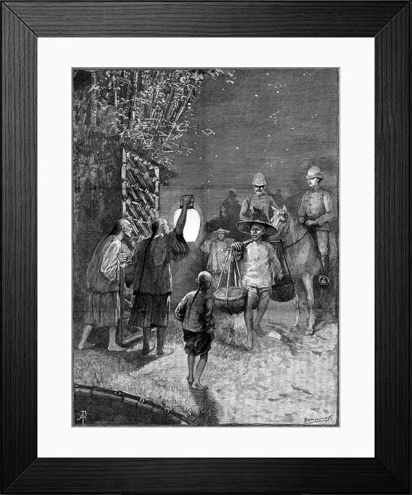 Framed Print : Sketches in Formosa: arrival at Bankimsing, 1890. Creator: P Naumann Framed Print : Sketches in Formosa: arrival at Bankimsing, 1890. Creator: P Naumann
