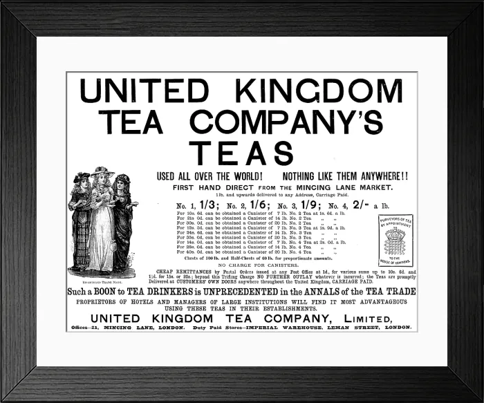 Framed Print : Advertisement for United Kingdom Tea Company's Teas, 1890. Creator: Unknown Framed Print : Advertisement for United Kingdom Tea Company's Teas, 1890. Creator: Unknown