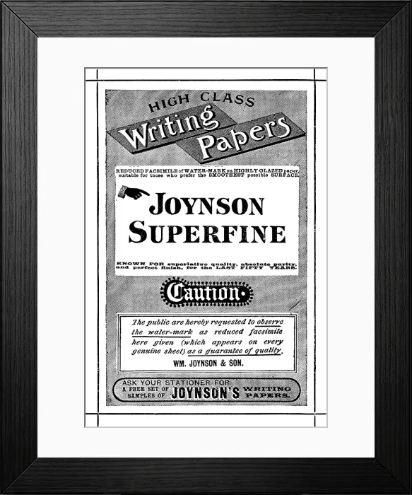 Framed Print : Advertisement for Joynson Superfine High Class Writing Papers, 1890. Creator: Unknown Framed Print : Advertisement for Joynson Superfine High Class Writing Papers, 1890. Creator: Unknown