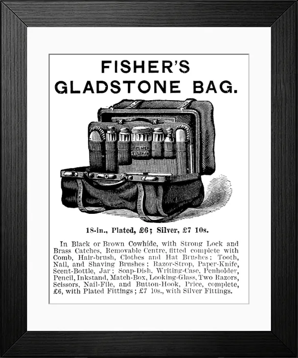 Framed Print : Advertisement for Fisher's Gladstone Bag, 1890. Creator: Unknown Framed Print : Advertisement for Fisher's Gladstone Bag, 1890. Creator: Unknown