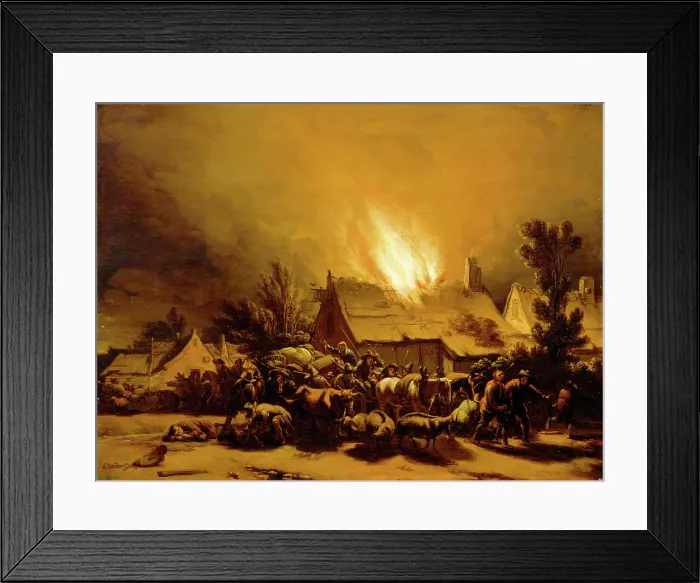 Framed Print : Peasants Fleeing a Burning Barn, c1655. Creator: Egbert van der Poel Framed Print : Peasants Fleeing a Burning Barn, c1655. Creator: Egbert van der Poel