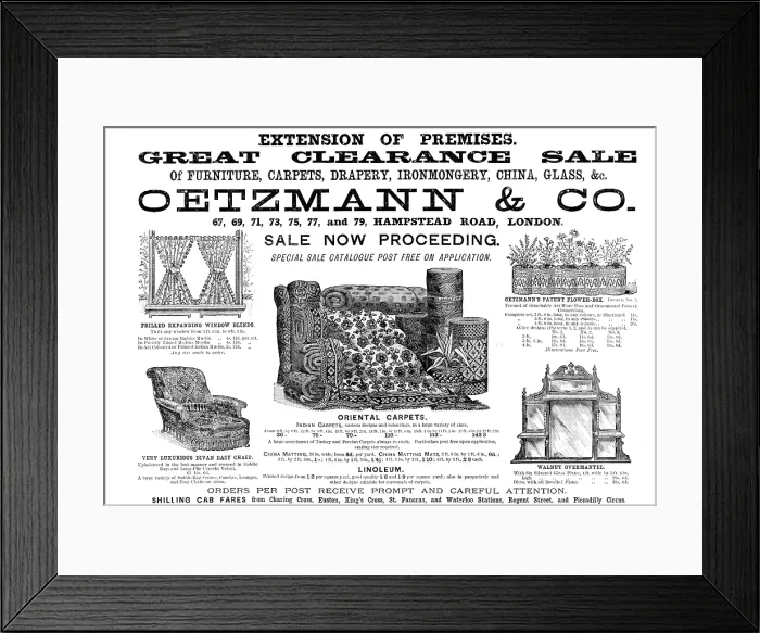 Framed Print : Advertisement for Oetzmann & Co. Great Clearance Sale, 1890. Creator: Unknown Framed Print : Advertisement for Oetzmann & Co. Great Clearance Sale, 1890. Creator: Unknown