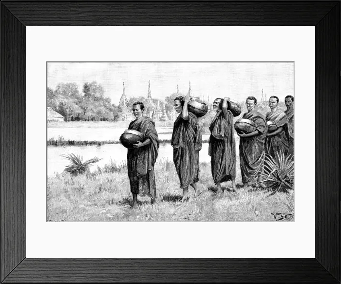 Framed Print : Sketches in Burmah: Buddhist monastery - Phoongyees...with alms begged for their morning meal, 1890. Creator: P Naumann Framed Print : Sketches in Burmah: Buddhist monastery - Phoongyees...with alms begged for their morning meal, 1890. Creator: P Naumann