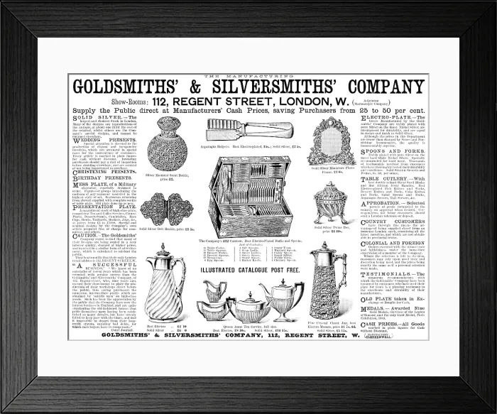 Framed Print : Advertisement for Goldsmiths & Silversmiths Company, 1890. Creator: Unknown Framed Print : Advertisement for Goldsmiths & Silversmiths Company, 1890. Creator: Unknown