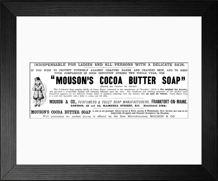 Framed Print : Advertisement for 'Mouson's Cocoa Butter Soap', 1890. Creator: Unknown Framed Print : Advertisement for 'Mouson's Cocoa Butter Soap', 1890. Creator: Unknown
