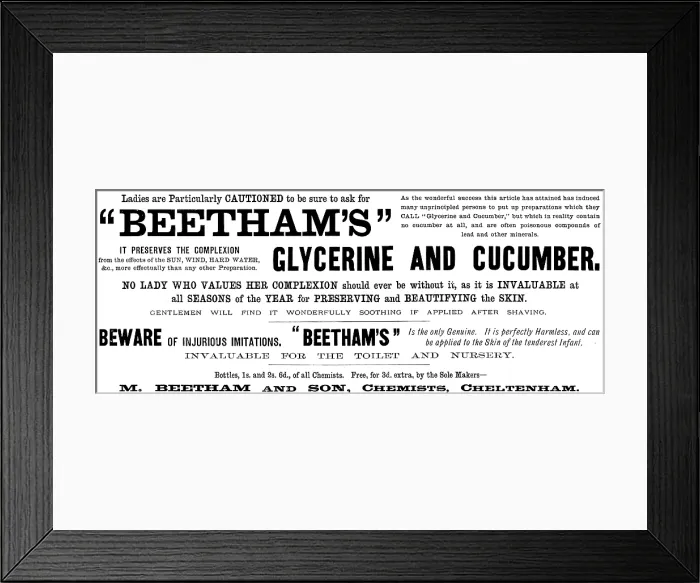 Framed Print : Advertisement for 'Beetham's' Glycerine and Cucumber, 1890. Creator: Unknown Framed Print : Advertisement for 'Beetham's' Glycerine and Cucumber, 1890. Creator: Unknown