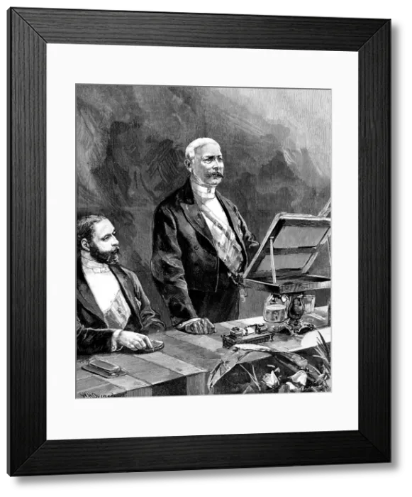Framed Print : Meeting of the Royal Geographical Society...in the Royal Albert Hall; Mr. Stanley speaking, 1890. Creator: P Naumann Framed Print : Meeting of the Royal Geographical Society...in the Royal Albert Hall; Mr. Stanley speaking, 1890. Creator: P Naumann