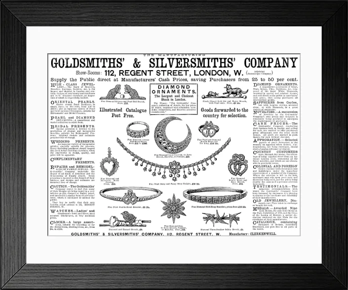 Framed Print : Advertisement for Goldsmiths & Silversmiths Company, 1890. Creator: Unknown Framed Print : Advertisement for Goldsmiths & Silversmiths Company, 1890. Creator: Unknown