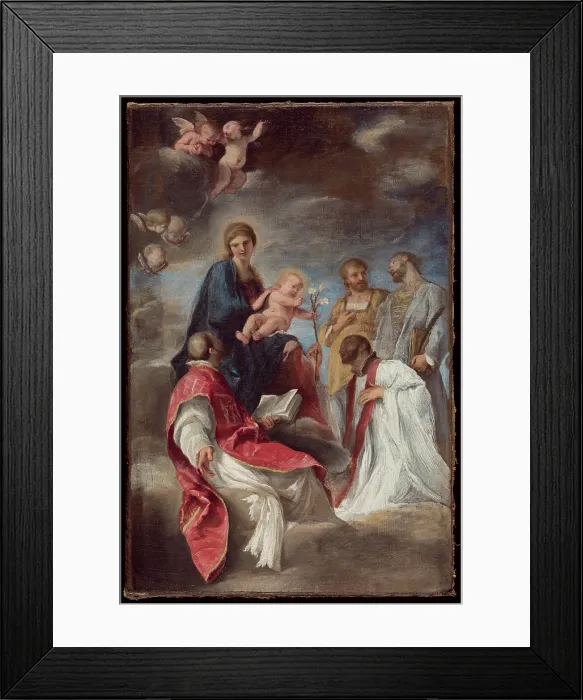 Framed Print : The Madonna and Child with Saints Ignatius of Loyola, Francis Xavier, Cosmas and Damian, 1629. Creator: Andrea Sacchi Framed Print : The Madonna and Child with Saints Ignatius of Loyola, Francis Xavier, Cosmas and Damian, 1629. Creator: Andrea Sacchi
