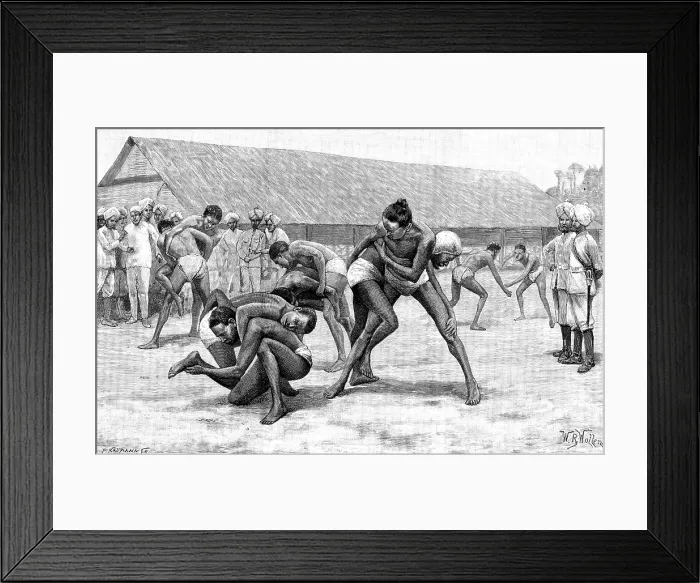 Framed Print : Sketches of the Military Police of Burmah: wrestling-match in camp, 1890. Creator: P Naumann Framed Print : Sketches of the Military Police of Burmah: wrestling-match in camp, 1890. Creator: P Naumann