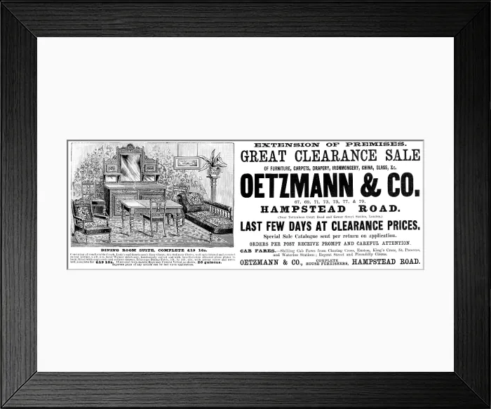 Framed Print : Advertisement for Oetzmann & Co. Great Clearance Sale, 1890. Creator: Unknown Framed Print : Advertisement for Oetzmann & Co. Great Clearance Sale, 1890. Creator: Unknown