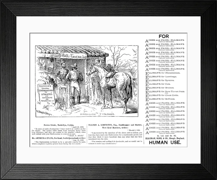 Framed Print : Advertisement for Elliman's Universal Embrocation, 1890. Creator: William Stanfield Sturgess Framed Print : Advertisement for Elliman's Universal Embrocation, 1890. Creator: William Stanfield Sturgess