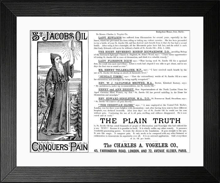 Framed Print : Advertisement for St. Jacob's Oil, 1890. Creator: Unknown Framed Print : Advertisement for St. Jacob's Oil, 1890. Creator: Unknown