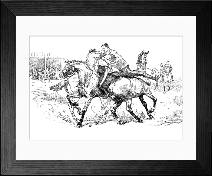 Framed Print : Sketches at the Royal Military Tournament...: wrestling on horseback, 1890. Creator: Unknown Framed Print : Sketches at the Royal Military Tournament...: wrestling on horseback, 1890. Creator: Unknown