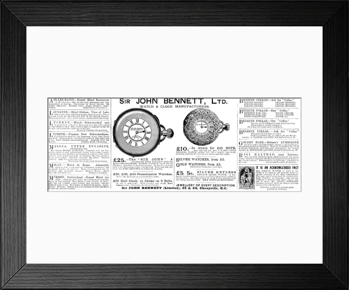 Framed Print : Advertisement for Sir John Bennett, Ltd. Watch & Clock Manufacturers, 1890. Creator: Unknown Framed Print : Advertisement for Sir John Bennett, Ltd. Watch & Clock Manufacturers, 1890. Creator: Unknown