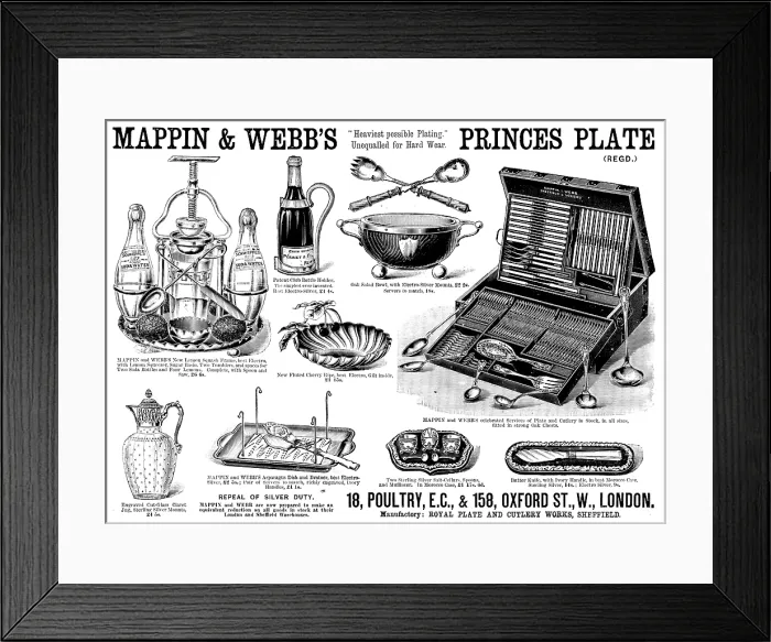 Framed Print : Advertisement for Mappin & Webb's Princes Plate, 1890. Creator: Unknown Framed Print : Advertisement for Mappin & Webb's Princes Plate, 1890. Creator: Unknown