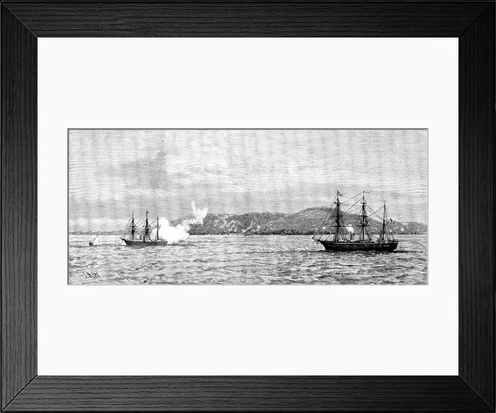 Framed Print : The Germans in East Africa - the Corvette Carola shelling Kilwa Kivinje, May 1. 1890. Creator: Josiah Robert Wells Framed Print : The Germans in East Africa - the Corvette Carola shelling Kilwa Kivinje, May 1. 1890. Creator: Josiah Robert Wells