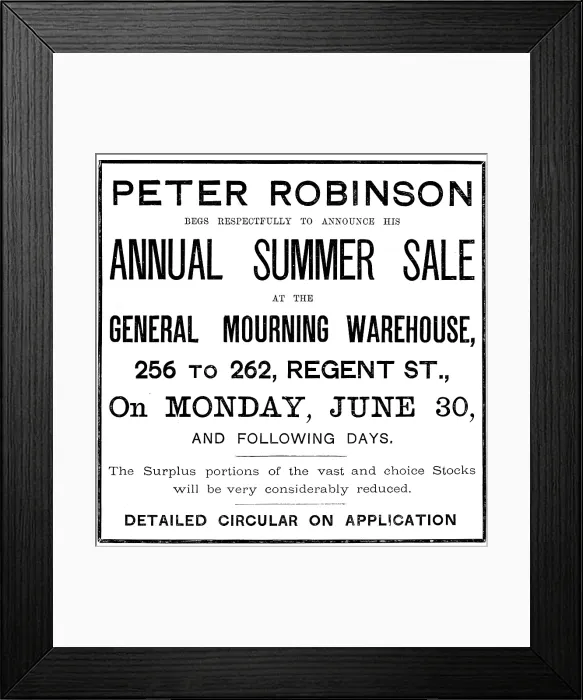 Framed Print : Advertisement for Peter Robinson Annual Summer Sale, 1890. Creator: Unknown Framed Print : Advertisement for Peter Robinson Annual Summer Sale, 1890. Creator: Unknown