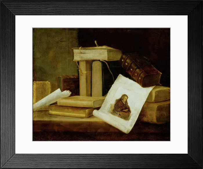 Framed Print : Still Life of Books and a Rembrandt Engraving, between 1631 and 1635. Creator: Sebastian Stosskopf Framed Print : Still Life of Books and a Rembrandt Engraving, between 1631 and 1635. Creator: Sebastian Stosskopf