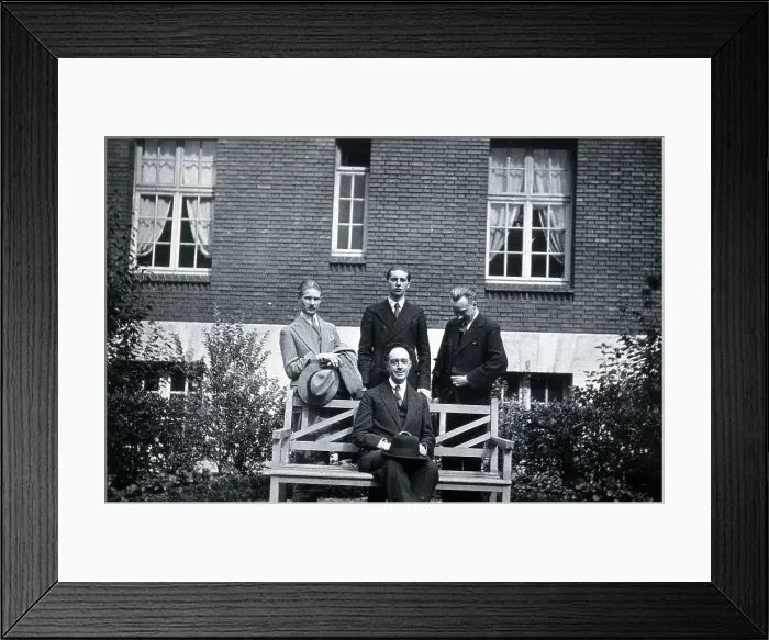 Framed Print : A George, L Destoucher, R Valletto and de Broglie, in front of the Institut Henri Poincare, 1933. Creator: Unknown Framed Print : A George, L Destoucher, R Valletto and de Broglie, in front of the Institut Henri Poincare, 1933. Creator: Unknown
