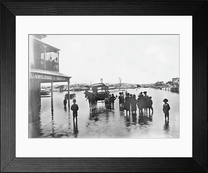 Framed Print : T. Lawless grocery shop on James Street, New Farm, during the 1893 Brisbane floods, 1893. Creator: Unknown. T Framed Print : T. Lawless grocery shop on James Street, New Farm, during the 1893 Brisbane floods, 1893. Creator: Unknown. T