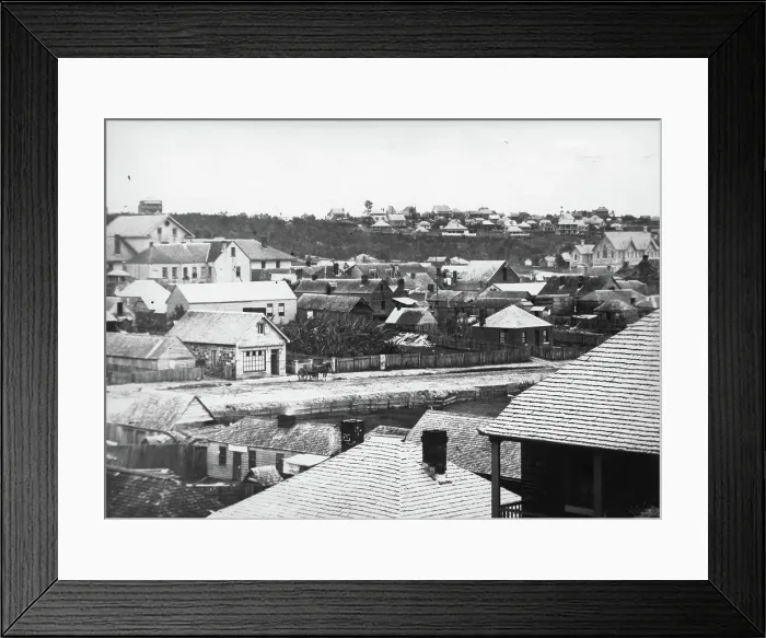 Framed Print : Elizabeth Street, Brisbane (Qld), 1863 before the 1864 fires. Creator: Unknown Framed Print : Elizabeth Street, Brisbane (Qld), 1863 before the 1864 fires. Creator: Unknown