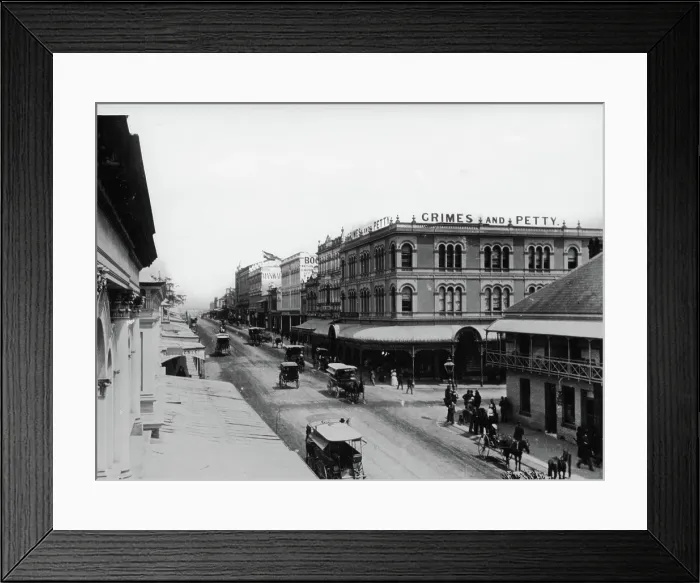 Framed Print : Corner Queen and Albert Street, Brisbane, 1886 (showing Grimes and Petty Clothing / Drapery Store). Creator: Unknown Framed Print : Corner Queen and Albert Street, Brisbane, 1886 (showing Grimes and Petty Clothing / Drapery Store). Creator: Unknown
