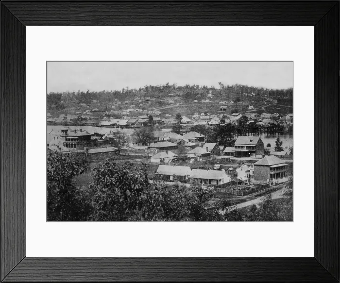 Framed Print : Brisbane from Observatory, showing first wooden bridge across Brisbane River c1866. Creator: Unknown Framed Print : Brisbane from Observatory, showing first wooden bridge across Brisbane River c1866. Creator: Unknown