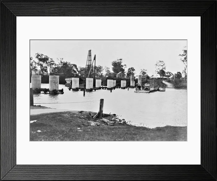 Framed Print : Coomera River Ferry and construction of the road bridge, 1929. Creator: Jack Bain Framed Print : Coomera River Ferry and construction of the road bridge, 1929. Creator: Jack Bain