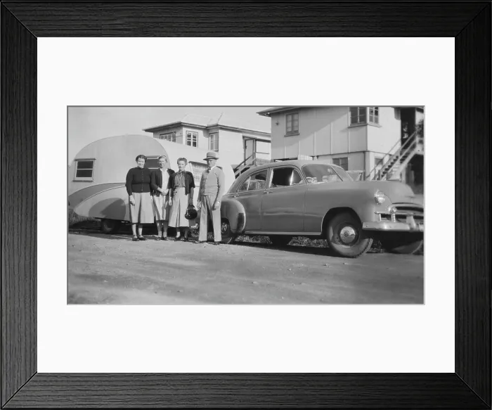 Framed Print : Car with caravan, Mooloolaba, Queensland, 1952. Creator: Jack Bain Framed Print : Car with caravan, Mooloolaba, Queensland, 1952. Creator: Jack Bain