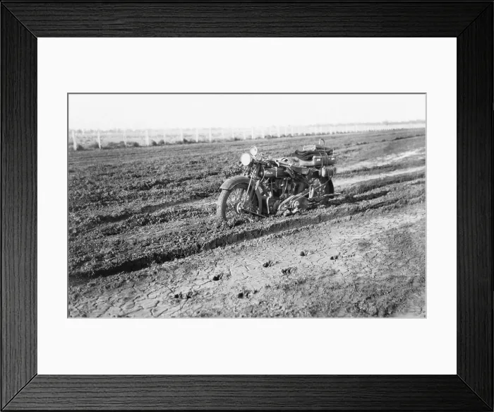 Framed Print : Motorbike in mud, near Dalby, Queensland, 1930. Creator: Jack Bain Framed Print : Motorbike in mud, near Dalby, Queensland, 1930. Creator: Jack Bain