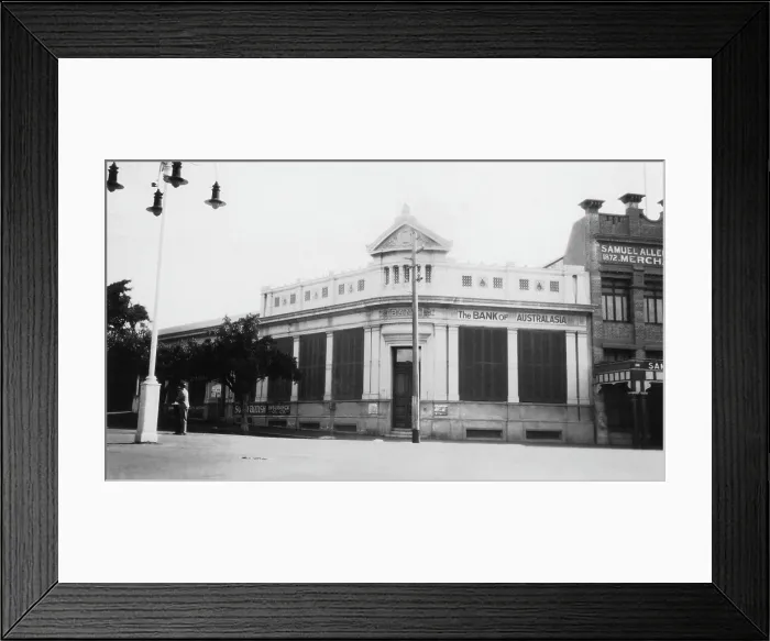 Framed Print : Bank of Australasia, corner of Flinders Street and Denham Street, Townsville, Queensland, 1933. Creator: Jack Bain Framed Print : Bank of Australasia, corner of Flinders Street and Denham Street, Townsville, Queensland, 1933. Creator: Jack Bain