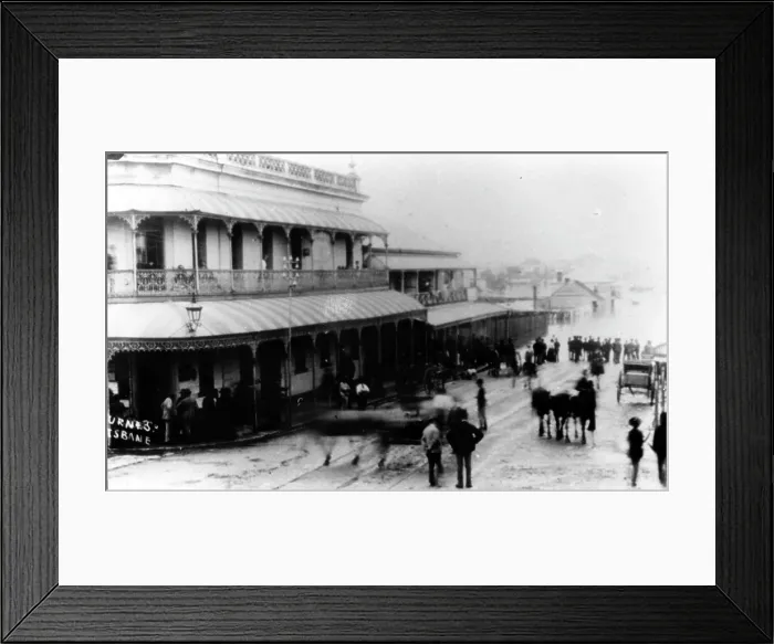 Framed Print : Spectators watch rising floodwaters in Melbourne Street, South Brisbane, 1890. Creator: John Jackson Hogg