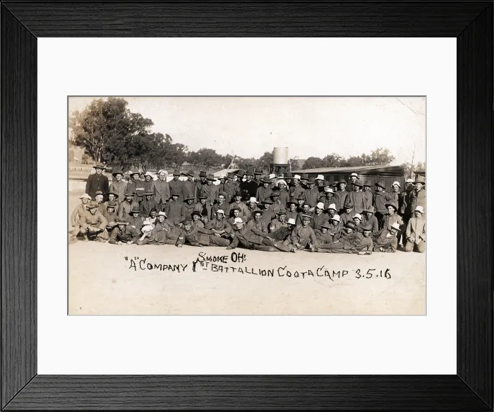 Framed Print : A Company 1st Battalion Coota Camp Postcard, Cootamundra, 3 May 1916. Creator: Unknown. A Company 1st Battalion Coota Camp Postcard, Cootamundra, 3 May 1916 Framed Print : A Company 1st Battalion Coota Camp Postcard, Cootamundra, 3 May 1916. Creator: Unknown. A Company 1st Battalion Coota Camp Postcard, Cootamundra, 3 May 1916