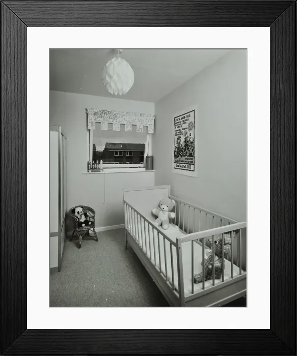 Framed Print : 45 Enfield Chase, Houghton Regis, Dunstable, Bedfordshire: infant's bedroom, 1971 Framed Print : 45 Enfield Chase, Houghton Regis, Dunstable, Bedfordshire: infant's bedroom, 1971