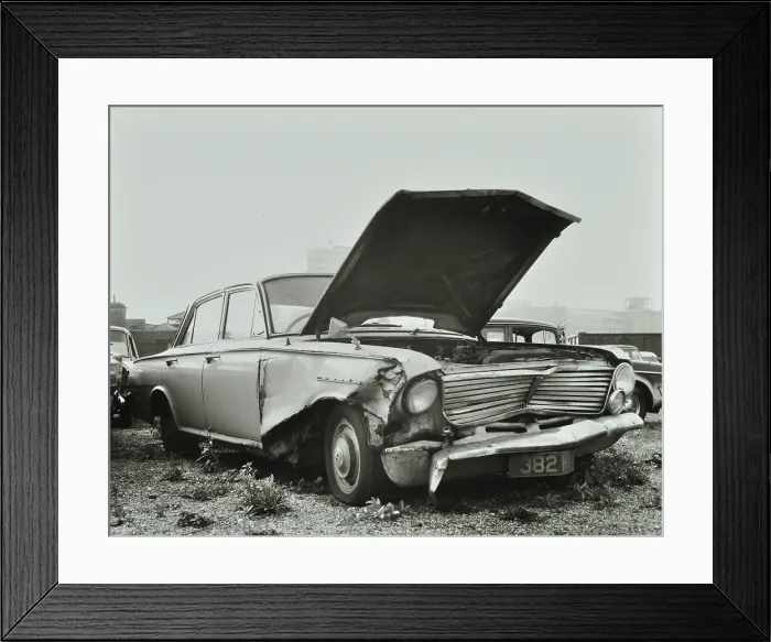 Framed Print : A car which has been dumped and abandoned by its owner, 1970. Creator: Unknown. A car which has been dumped and abandoned by its owner, 1970. Creator: Unknown