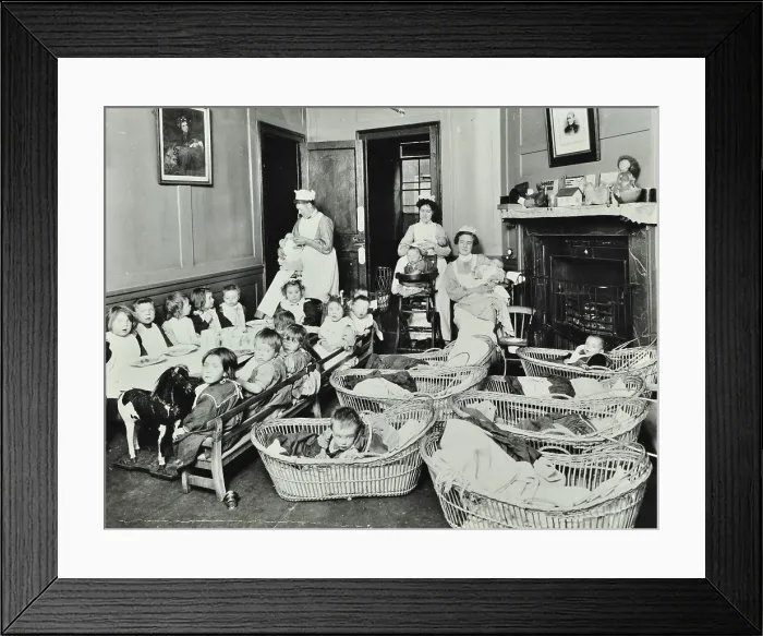Framed Print : 30 Albury Street; Nursey at dinner time, Children in Baskets, 1911. Creator: Unknown Framed Print : 30 Albury Street; Nursey at dinner time, Children in Baskets, 1911. Creator: Unknown
