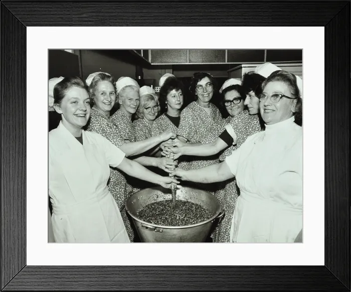 Framed Print : Bessemer Grange School, Camberwell, London: kitchen staff make Christmas puddings, 1970. Creator: Unknown Framed Print : Bessemer Grange School, Camberwell, London: kitchen staff make Christmas puddings, 1970. Creator: Unknown