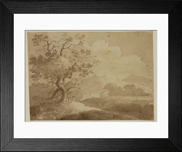 Framed Print : Landscape: Large Trees in Foreground, Two Figures, House, Lake and Mountains, c1820-1848. Creator: Thomas Cole Framed Print : Landscape: Large Trees in Foreground, Two Figures, House, Lake and Mountains, c1820-1848. Creator: Thomas Cole