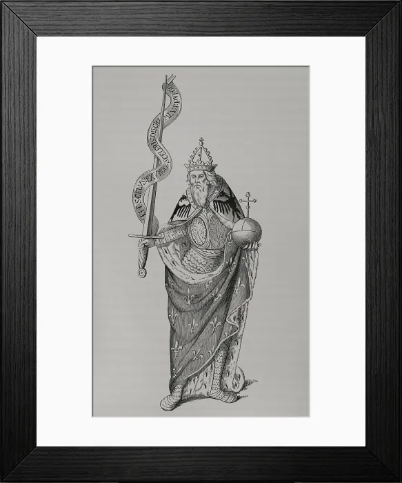 Framed Print : Charlemagne holding the globus cruciger in one hand and the sword in the other, 1878. Creator: Unknown Framed Print : Charlemagne holding the globus cruciger in one hand and the sword in the other, 1878. Creator: Unknown