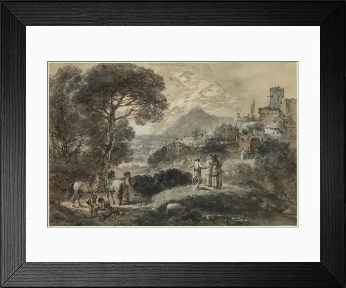 Framed Print : A Landscape with Horses, Peasants and a Hill Town, 18th century. Creator: Francesco Zuccarelli Framed Print : A Landscape with Horses, Peasants and a Hill Town, 18th century. Creator: Francesco Zuccarelli