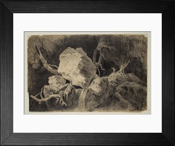 Framed Print : Hunter Standing in Cave near Rock and Waterfall, c1828. Creator: Thomas Cole Framed Print : Hunter Standing in Cave near Rock and Waterfall, c1828. Creator: Thomas Cole