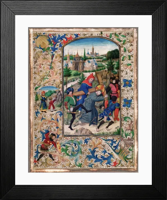 Framed Print : Simon Assists in Carrying The Cross-One of four Illuminated pages from a Book of Hours, c1430-1450. Creator: Unknown Framed Print : Simon Assists in Carrying The Cross-One of four Illuminated pages from a Book of Hours, c1430-1450. Creator: Unknown