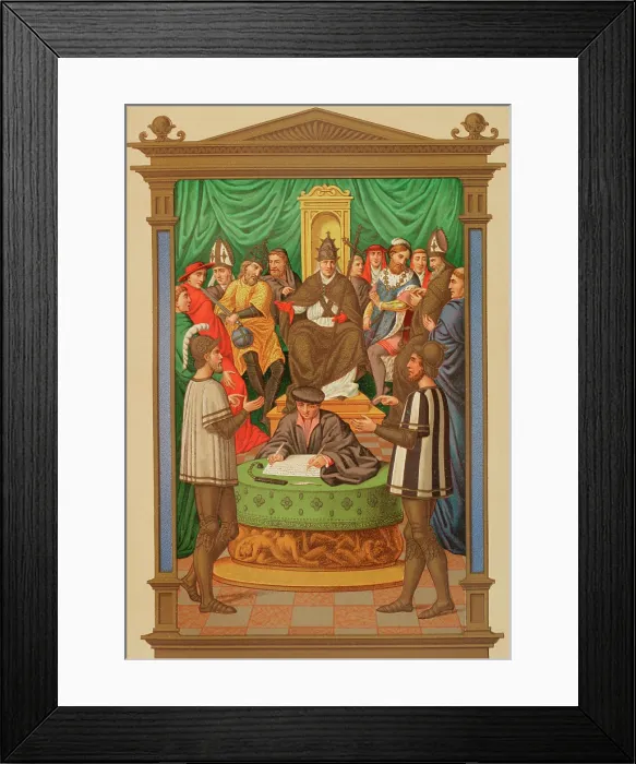 Framed Print : Dispute between two knights about the Immaculate Conception, in a tournament...16th cent (1877). Creator: Unknown Framed Print : Dispute between two knights about the Immaculate Conception, in a tournament...16th cent (1877). Creator: Unknown