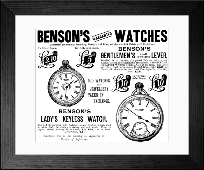 Framed Print : Advertisement for Benson's Watches, 1895. Creator: Unknown. Advertisement for Benson's Watches, 1895. Creator: Unknown Framed Print : Advertisement for Benson's Watches, 1895. Creator: Unknown. Advertisement for Benson's Watches, 1895. Creator: Unknown